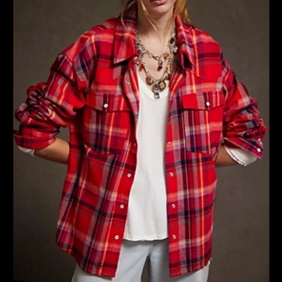 Free People We the Free Hideaway Plaid Flannel Shirt Red Berry Combo - Picture 1 of 7